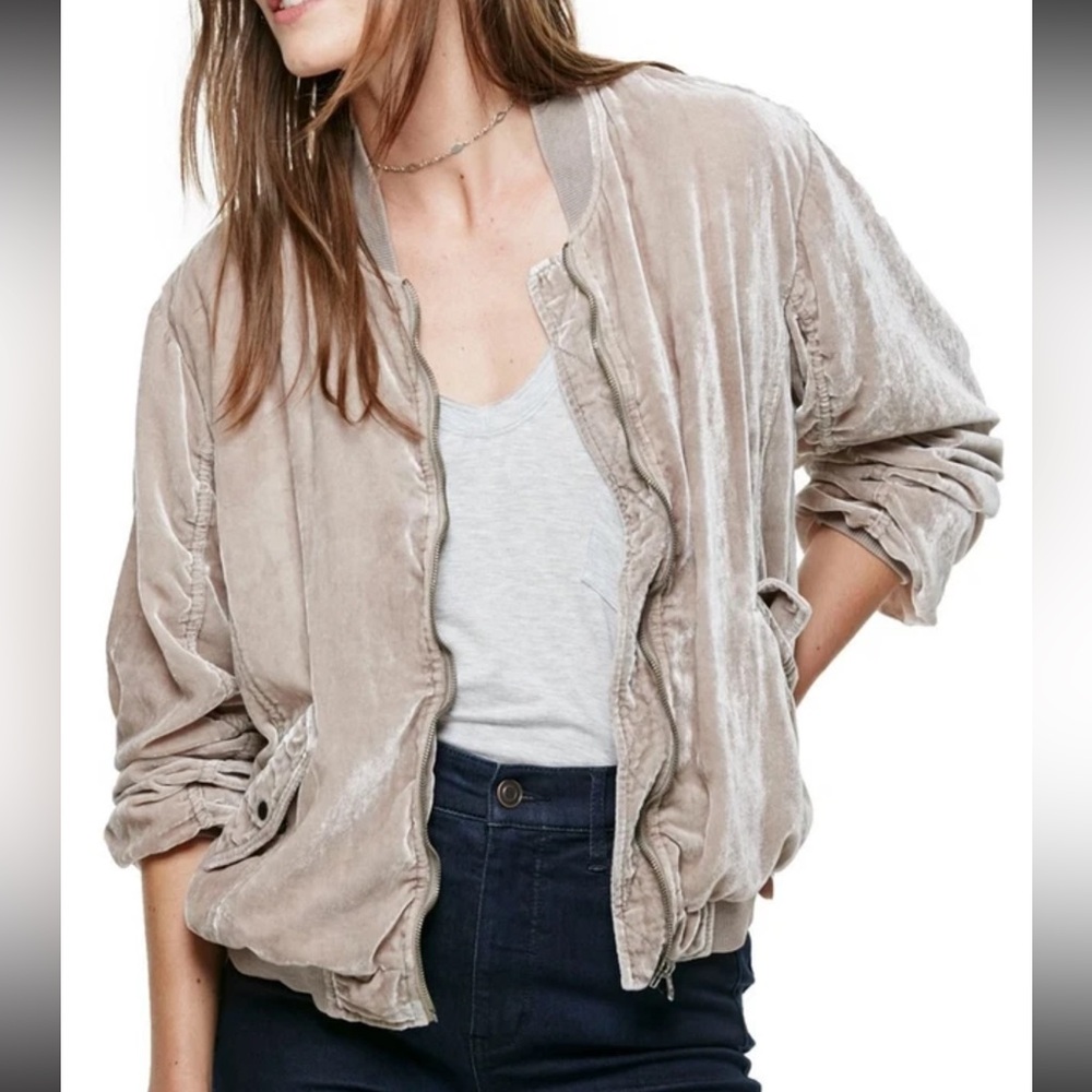 Free People Ruched Velvet Bomber Jacket Mauve Pink